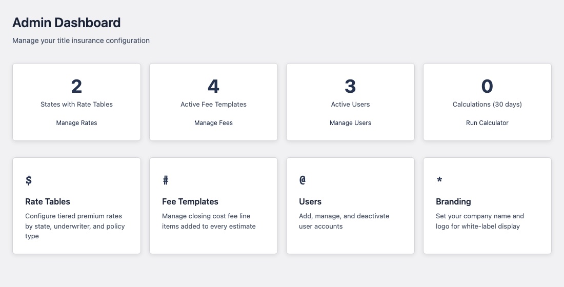 TitleCalc admin dashboard showing rate tables, endorsements, and user management