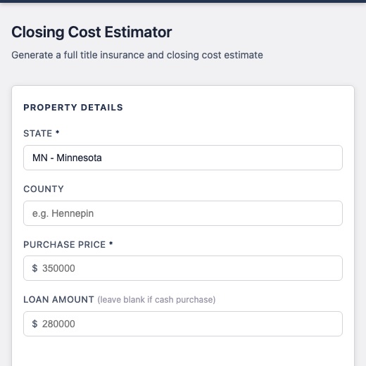 TitleCalc buyer closing cost estimate with itemized premium and fee breakdown