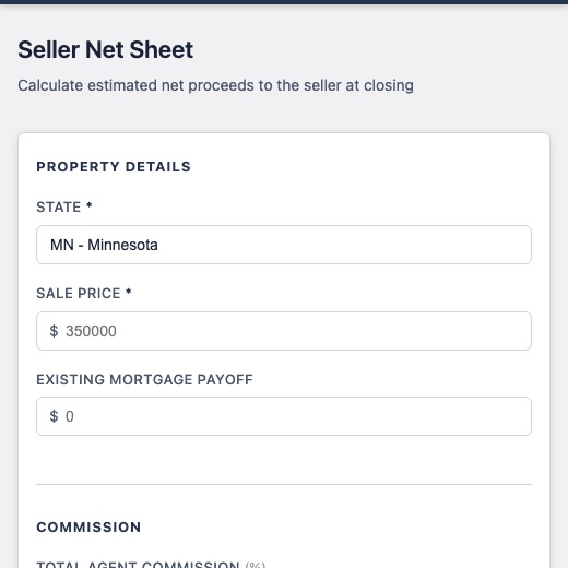 TitleCalc seller net sheet with commission, payoff, and proceeds summary